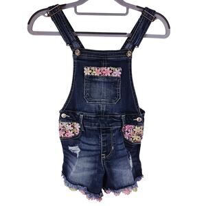 Jordache Denim Frayed Hem Multi Color Floral Lace Accents Overall's 6-6X